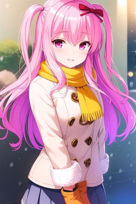 (masterpiece, best quality), highly detailed background, perfect lightingbest quality, kagamimatsuri, solo, outdoors, winter, night, pink hair, hair bow, red bow, two side up, very long hair, pink eyes, yellow scarf, fur trim, fur collar, white coat, <lora:GoodHands-vanilla:1>, gloves, grey skirt, miniskirt, winter clothes, smile, closed mouth, parted lips, pink lips, <lora:Kagami-Matsuri:0.7>