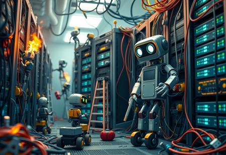 A whimsically chaotic data center where tiny, bumbling robots go haywire. Dressed in miniature mechanic outfits, these endearingly clueless robots clamber up server racks with comically oversized tools, and roll around on squeaky wheels carrying tangled cables and mismatched parts. Flames and sparks fly comically from overheated servers, while robots on ladders juggle spanners and drop screws, causing a frantic buzz. Under the soft glow of blinking lights and the colorful, tangled mess of cables, a larger, frazzled robot looks on with an exasperated expression as they try (and fail) to organize the mayhem, watching as their tiny co-workers only make things worse.