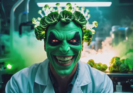 Cinematic photo of a man grinning in a (laboratory),  (sharp teeth:1.3), brussel sprout head,x-ray eyes, chaos, smoke, multi-colored fur, vibrant, green neon lights, 35mm photograph, film,professional, 4k, highly detailed, film grain, grainy