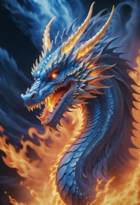 Dragon from "Dragon's Bind" made out of fire and sapphire,  Native Art, Kodak Ektar, masterpiece, UHD, sharp and in focus, flowing, fine detail, vibrant, highly contrasted, highly detail, perfect symmetry, fine polished, luxurious, dynamic background