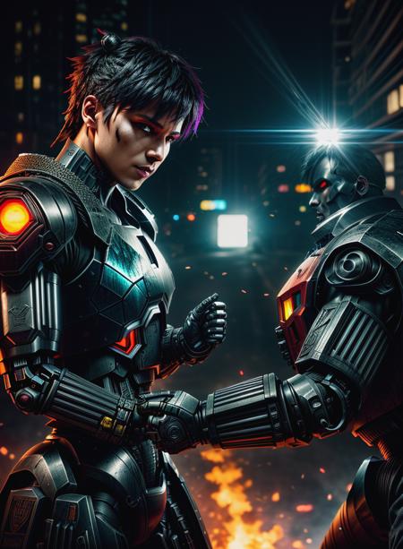 criminal underworld, cyberpunk, neon, (((battle bots ripped apart in a pit battle))), sparks, violence, danger,  24mm, 4k textures, soft cinematic light, adobe lightroom, photolab, hdr, intricate, elegant, highly detailed, sharp focus, ((((cinematic look)))), soothing tones, insane details, intricate details, hyperdetailed, low contrast, soft cinematic light, exposure blend, hdr, faded, <lora:more_details:1.2>, <lora:wowifierV3:.6>