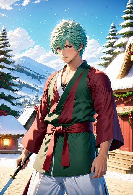 the gintoki sakata holiday classic on wednesday's fox this year, in the style of light emerald and maroon, realistic lighting, #vfxfriday, cottagepunk, rtx, masterpiece , holidayxl style,  <lora:HolidaysIdidalittlebiteXL:1>