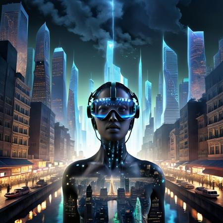 Ultra realistic full body color pencil drawn portrait of a double exposure, in the background the virtual reality depictions of Neom the Line City are shown; in the foreground rows of neuralinked bodies of global citizens are shown suspended, in the style depicted like that described in "The Organ Broker." Similar to the themes of the people used as batteries in the Matrix.
BREAK
Deep dark intense midnight blue  misty background,
Dark theme, dynamic lighting, (soft shadows), (soft focus),  (photo realistic), uhd, 8k