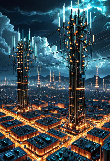 (masterpiece), (best quality), ultra-detailed, futuristic cityscape, Transistors, neon circuitry, glowing cables, electric arcs in the sky, cyberpunk skyline, overcharged energy grid, reflective metal surfaces, night time, digital clouds, pulsating electric lights, sci-fi environment, energy towers