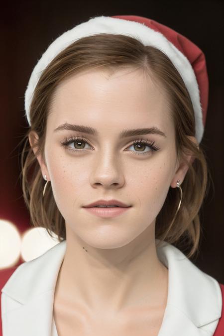 masterpiece, stunning closeup portrait photo of emwt, wearing santa hat,  8k uhd, dslr, bright lighting, high quality, film grain, Fujifilm XT3
 <lora:EmmaWatsonReduxDogu:1>