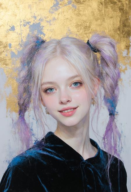 Oil painting rendered in ethereal pastels, hyper-close Dutch tilt framing: a cherubic blonde woman leans forward, messy pigtails cascading over blunt bangs, stray golden strands backlit like filaments. Thick pink lips part in a blushing smirk, cyan-blue eyes locking the viewer under brows veiled by hair. Matte black velvet dress dissolves into swirling indigo ink blooms, pooling at her collarbone. Palette: crushed lavender blush, powdered sugar highlights, inky voids. Makoto Fujimura-inspired nihonga marbling meets Klimt-esque gilt textures. Diffused studio light fractures through airborne ink droplets—innocence laced with liquid chaos.