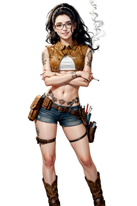 (masterpiece, best quality)
1girl, solo, smile, simple background, black hair, white background, navel, full body, boots, glasses, shorts, midriff, crop top, short shorts, tattoo, thigh strap, crossed arms, denim, denim shorts, cigarette, holster, NicoDMC
<lora:epi_noiseoffset2:1>,  <lora:NicoDMC:0.7>