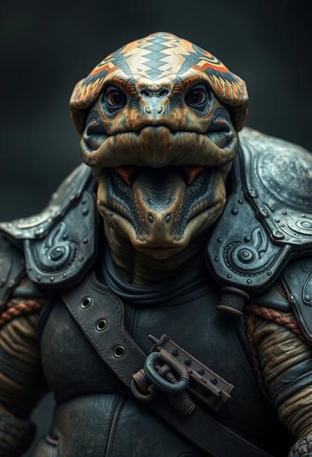 stunning photography,  large male turtle alien tortle with leathery skin, alien tortle  has small dark eyes, skin has a slight reddish tint,  skull has a hard carapace on top like a bony helmet, tribal paint on skull, wearing bulky grey fantasy combat armor, dark fantasy.
