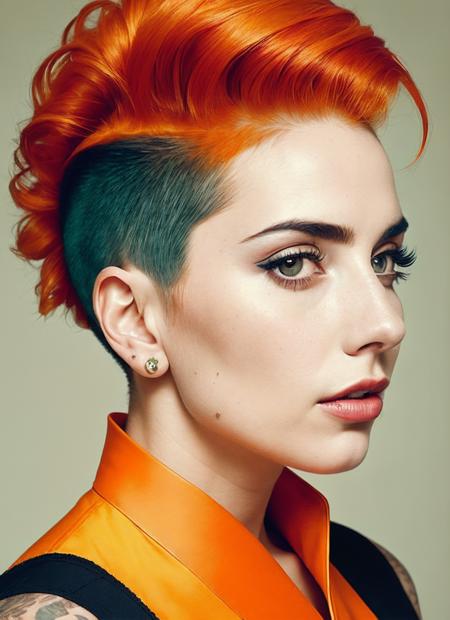 portrait of sks woman by Flora Borsi, style by Flora Borsi, bold, bright colours, orange Mohawk haircut, ((Flora Borsi)), <lora:lora_gaga_v1_from_v1_160:1>