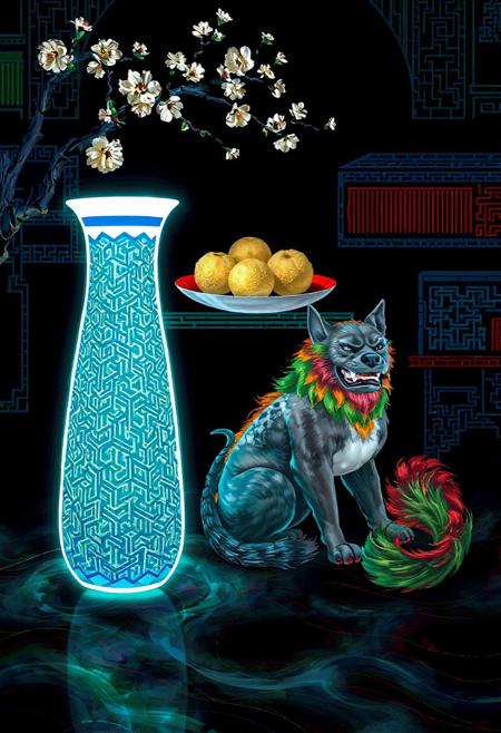 JNANX,luminous white silhouette,cyan glow,emerald highlights,flickering outline,dreamlike movement,rippling colors,drifting embers,infinite black background,psychedelic colors,ethereal,futuristic surrealism,gw,glowing,night,night sky,trippy,
 Generate a digital painting of a still life scene inspired by Korean folk art. The central focus should be a tall vase with a complex geometric pattern in blue and red, resting on a surface with green and black stripes. Next to the vase, show a seated mythical dog or lion-like creature with a grey coat, a colorful mane (red, green, and possibly other colors), and a fierce expression. Above and slightly behind the vase, present a shallow, round dish filled with three textured, pale yellow or white citrus fruits. A branch of a flowering tree, bearing light-colored blossoms, should enter the frame from the upper left. The background should consist of stylized shelves or architectural details with various patterns, including stripes, grids, and meanders, in a palette of blues, reds, greens, and black. The overall style should evoke the decorative and symbolic nature of Chaekgeori paintings.