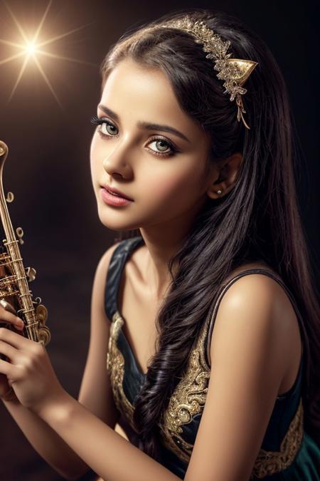 hd, stunning, 4k, 8k, Highly detailed, perfect, top quality, best quality, official art, beautiful and aesthetic, sharp, best shadows, intricate details, face focus, eyes focus, 1girl, young, indian, (musical note, musical effects,:1.2) cute, adorable, solo, (magical effects, magical girl,:1.1) (thinking, inquisitive,:1.3)