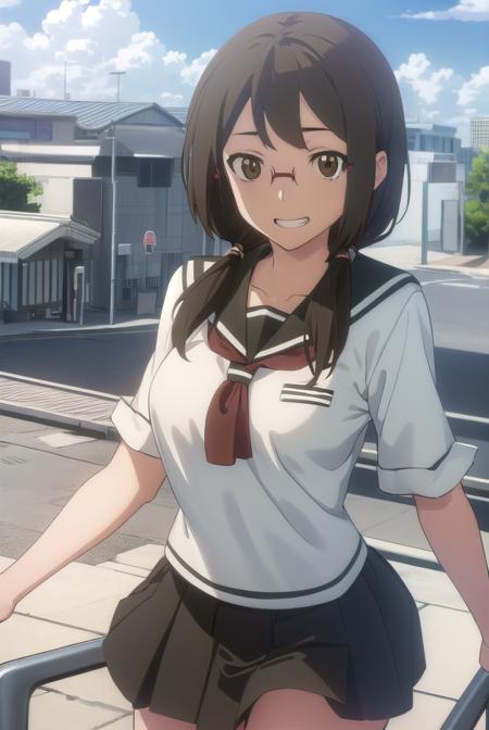 kotohaisone, <lora:kotoha isone hnu-lora-nochekaiser:1>,
kotoha isone, brown hair, twintails, (brown eyes:1.5), glasses, smile, grin,
BREAK skirt, school uniform, serafuku,
BREAK outdoors, city, sun, clouds,
BREAK looking at viewer, (cowboy shot:1.5),
BREAK <lyco:GoodHands-beta2:1>, (masterpiece:1.2), best quality, high resolution, unity 8k wallpaper, (illustration:0.8), (beautiful detailed eyes:1.6), extremely detailed face, perfect lighting, extremely detailed CG, (perfect hands, perfect anatomy),