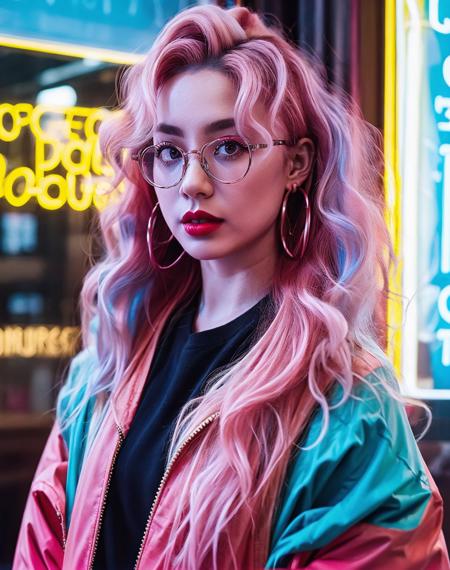 <lora:nhsheying-000009:0.6>,nhsheying,1girl,solo,pink hair,color blocking jacket,earrings,glasses,long hair,looking at viewer,red lips,upper body,curly hair,signboard,