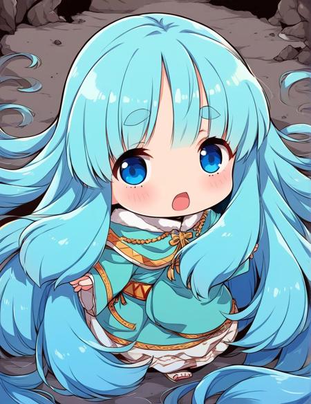 runemaster, long hair, blue eyes, flat chest, bangs, very long hair, aqua hair, thick eyebrows, blue hair, chibi,