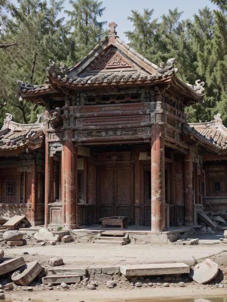 ruinedarchi, ruined building, cnarchi, photo realism, traditional chinese architecture, temple, <lora:ruinedarchi:0.3>, <lora:chinese_architecture_v1:0.6>