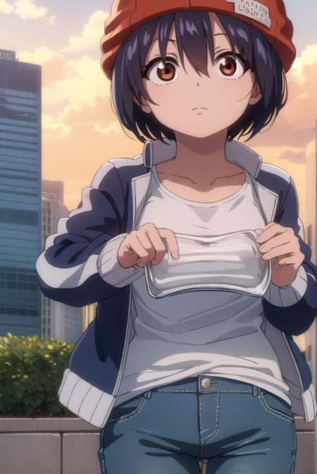 fuukoizumo, <lyco:fuuko izumo s1-lyco-nochekaiser:1>,
fuuko izumo, black hair, hair between eyes, (brown eyes:1.5), short hair,
BREAK shirt, white shirt, jacket, open jacket, pants, denim, beanie, (red beanie:1.2),
BREAK outdoors, city, sky, clouds, sun,
BREAK looking at viewer, (cowboy shot:1.5),
BREAK <lyco:GoodHands-beta2:1>, (masterpiece:1.2), best quality, high resolution, unity 8k wallpaper, (illustration:0.8), (beautiful detailed eyes:1.6), extremely detailed face, perfect lighting, extremely detailed CG, (perfect hands, perfect anatomy),