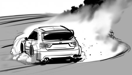 storyboard sketch of Rally car drifting around a tight corner, gravel spraying out.  <lora:storyboard sketch:0.8>