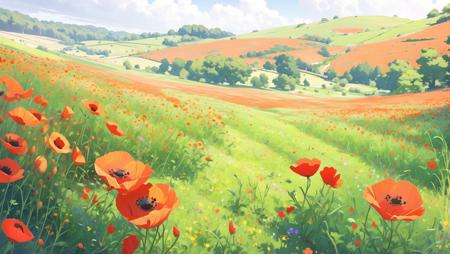 <lora:niji_vn_bg:1>, niji_vn_bg, no humans,
wild poppy flowers field, photo taken from a lower angle, white sky,