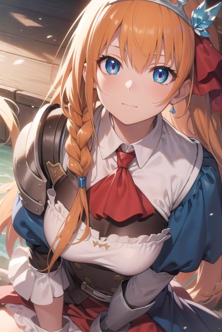 pecorine, blue eyes, hair ornament, long hair, orange hair, tiara, braid, hair braid, arm belt, armor, ascot, blue socks, boots, dress, gloves, hair ornament, open clothes, open dress, pauldrons, pleated skirt, puffy short sleeves, puffy sleeves, red ascot, red skirt, short sleeves, shoulder armor, single pauldron, skirt, socks, white dress, white footwear, white gloves,