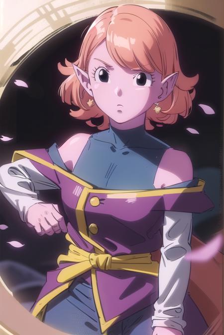 chronoa, bare shoulders, pointy ears, colored skin, pink hair, pink skin, (swept bangs:1.5), short hair, (black eyes:1.3), leotard, dress, purple dress, off shoulder, bare shoulders, detached sleeves, pants, blue pants,