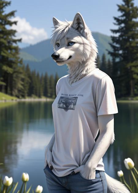 (Highest Quality, 4k, masterpiece, Amazing Details:1.1),laying near a lake,medium breast. deep blue eyes,(((wearing a t-shirt and jeans)), (full body:1.3)  Shallow Depth of Field, E671, lens 50mm f/2.0, (( anthro white wolf female)), thin eyebrows, wavy short hair with flower hair ornament, (realistic white fur, detailed fur texture:1.2), ((photorealistic) (RAW Photo)),