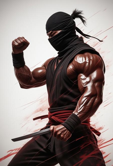 ZanyEyesStyle, M100-style, extreme Closeup, detailed black Silhouette of Battle worn muscular ninja, Fist Up, bold with Motion lines, red and Brown themed, eye-trails, Sideview, White billowing aura