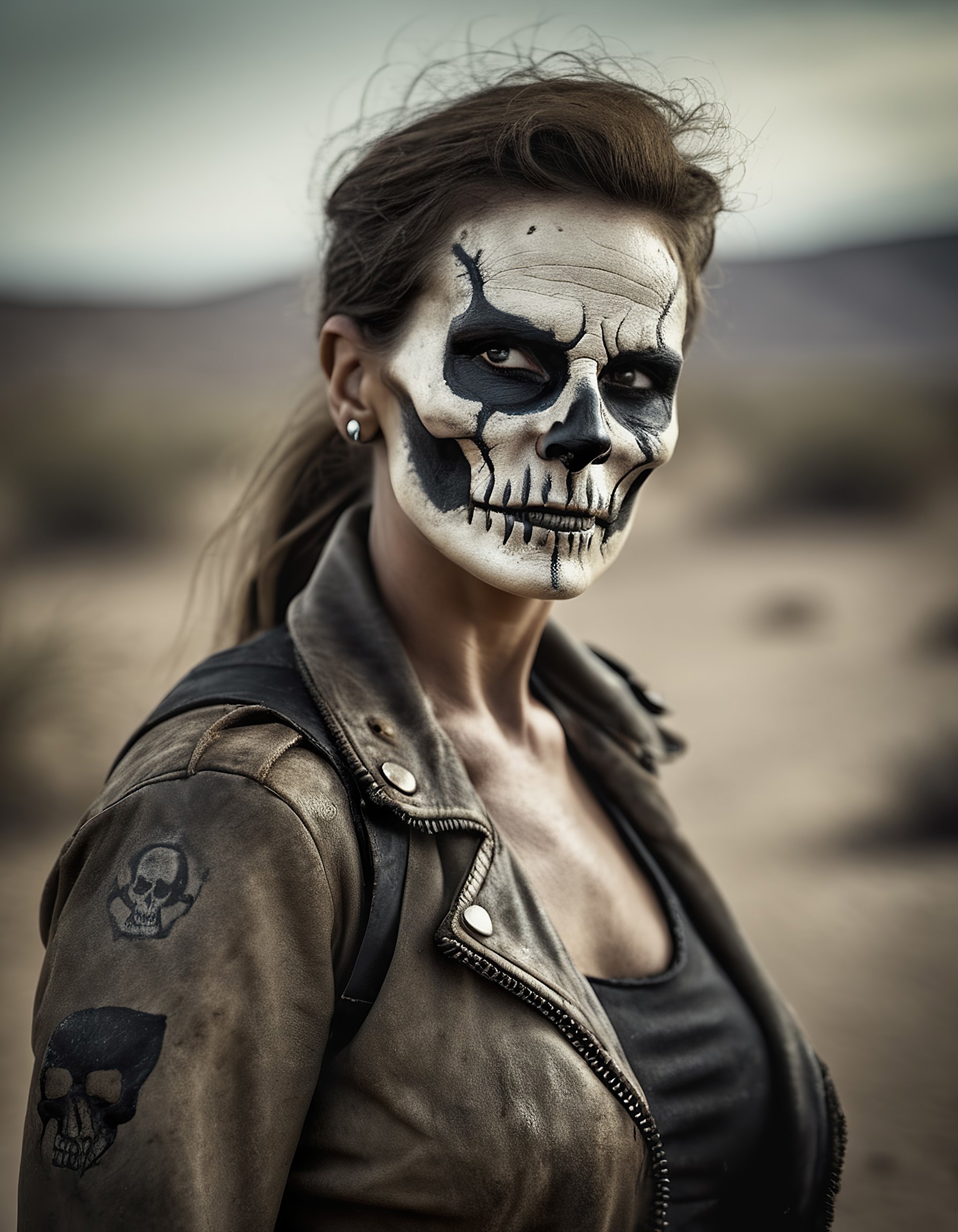 A woman in a leather jacket with a skeleton face paint.