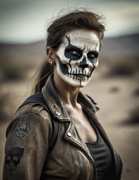 cinematic film still dystopian postapocalyptic fallout wasteland, dry fuzzy skin, beautiful woman mercenary with skull face painting, shallow depth of field, vignette, highly detailed, high budget Hollywood film, cinemascope, moody, epic, gorgeous