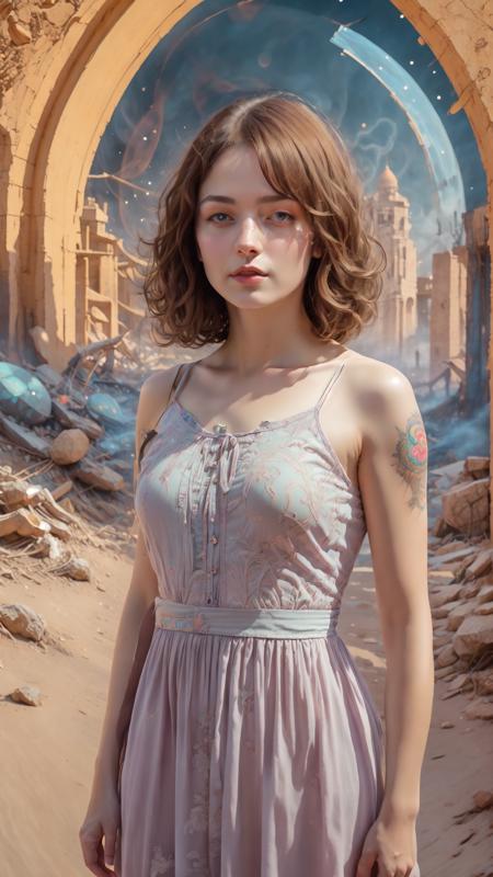 full body,from everywhere,(style of richard deacon), formal wear  android,1girl,a  beautiful girl in a colourful dress with colourful intricate tattoos surrounded by colourful patterns,(Luminous burning hair:1.2),  realistic fantasy, extremely detailed and beautiful , 8 k resolution, <lyco:gpts4 lite dreamwave_278580:1.0>
