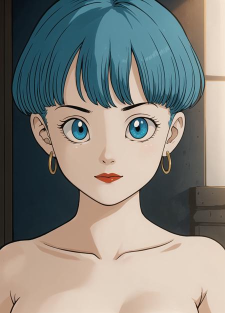 masterpiece, best quality, highest quality, (perfect illumination:1.4), (photorealistic), perfect anatomy, perfect face, perfect eyes, 
 <lora:bulmadbzreddress_ex_04_galena3ep:0.9> bulmadbzreddress, aqua hair, nude, short hair,  blue eyes, earrings,