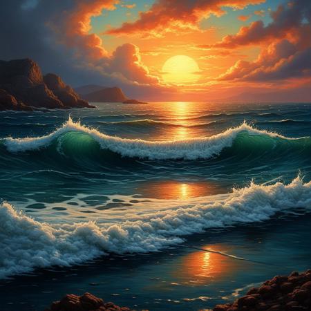 "Twilight Over the Ocean" – Ivan Fedorovich Choultsé’s surreal glowing skies and vibrant seascapes lend a luminous quality to the twilight horizon. Oscar Ukonu’s photorealistic precision captures the intricate textures of the water’s surface with meticulous detail. Alyssa Monks’ soft yet intense brushwork brings the delicate interplay between the ocean, sky, and distant clouds to life, creating a scene of tranquil beauty where light and atmosphere blend harmoniously.
midjourneyv6.1, detailmaximizer, aidmaMJ6.1, flux-style