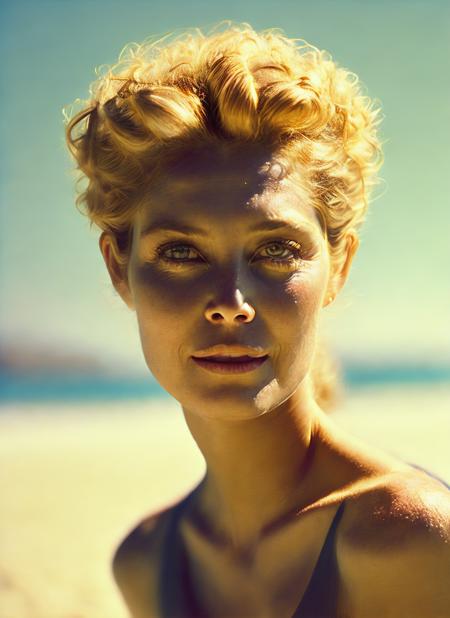 photo of beautiful sks woman, hyper realistic photograph, detailed face,film grain, Kodak portra 800, f1.8, intricate, at the beach, <lora:locon_alaina_v1_from_v1_64_32:1.3>