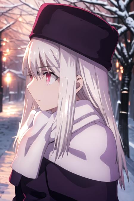 best quality, masterpiece, highres, solo, {illyasviel_von_einzbern_fatestaynightufotable:1.15}, long_hair, white_hair, red_eyes, bangs, hair_between_eyes, 1girl, capelet, closed_mouth, coat, fur_hat, hat, papakha, purple_capelet, purple_headwear, scarf, upper_body, white_scarf, night, outdoors, profile, from_side