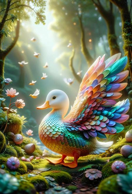 cute little Duck warrior standing confidently in a magical forest, the warrior is a small humanoid Duck with a round spotted cap and a cheerful expression, it is wearing tiny armor made of leaves and bark, with a small wooden shield, and a tiny glimmering sword, The Duck warrior has tiny delicate features and stands on a patch of moss, surrounded by glowing Ducks and plants, The background features tall ancient trees with thick twisting roots, ethereal light filtering through the canopy, whimsical and enchanting atmosphere.
((beautiful, painterly, detailed, textural, artistic, aesthetic)), (masterpiece, best quality), (((intricate details, highly detailed, ultra-detailed, absurdres:))), (unreal engine, octane rendering, high contrast, vivid, vibrant, volumetric lighting), 
studio lighting, best texture quality, beautiful detailed scenery, 
midjourneyv6.1, p1nk1r1sc4l3s, made out of iridescent scales
