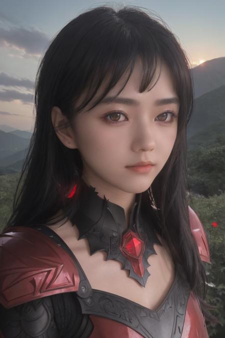 ((masterpiece)),( illustration),( highres),((( best quality))),(( ultra-detailed)), depth of field, profile,(( bust shot)), looking at the viewer,( 1girl),( solo), expressionless,(( bishoujo)),( beautiful detailed red eyes),( disheveled hair), black hair,(( medium breasts)), hair between eyes, long hair,( complex pattern),(( sharp black armour)),(( sharp black shoulder armor)),( gorgeous shoulder armor),( red shining rune details on armor),( red torn cape),( ruins), cloud,( sunset), lighting particle,( breeze),(( embers)), detailed background,( surrounded by many beautiful detailed red crystal), mountain, <lora:my_mergeV5:0.8>,