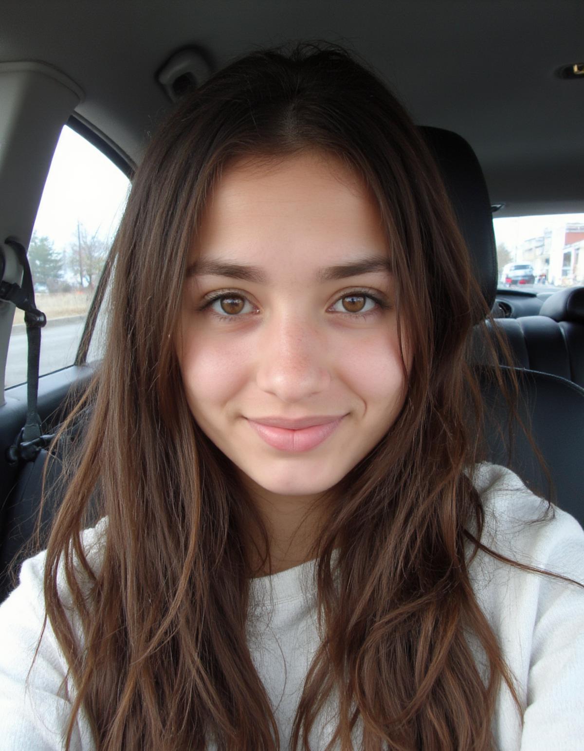 arafed woman with long hair sitting in a car, pale-skinned persian girl, with cute - fine - face, without makeup, selfie of a young woman, instagram selfie, charli bowater, 19-year-old girl, brown eyes and white skin, with long hair and piercing eyes, the image is indistinguishable from a real real photo, <lora:amateurphoto:1>