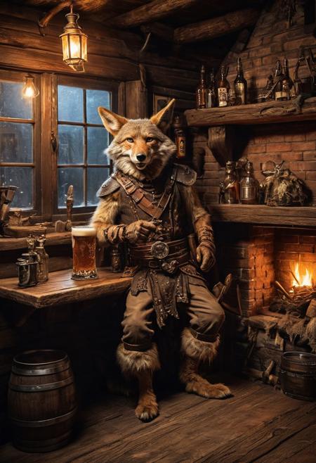 fantasy anthropomorphic a coyote warrior in dark tavern holding a pint of ale in a cozy environment with gas lamps rustic wood warm brick fireplace and frosted glass windows