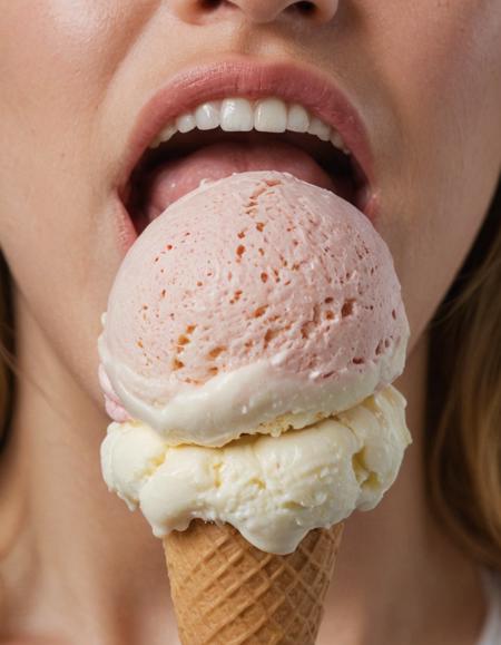 extreme closeup of an ice cream is being leaked by a woman's tongue