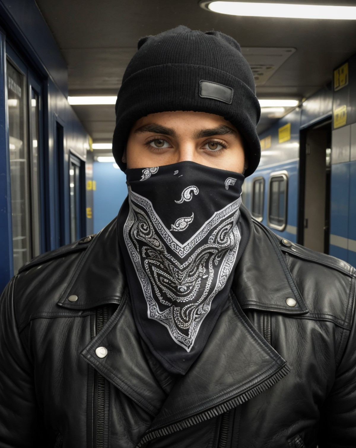 <lora:Bandana_Mask:0.7>, masterpiece, best quality, man, black bandana mask, beanie, leather jacket, in a subway, intricat...