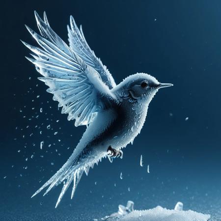 Ice swallow bird in flight composed of ice with heavy rain water drop falling on a shimmering water surface, pale blue  to dark blue background
