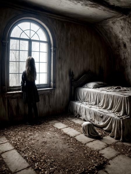 Real estate photography style horror scene with an european (gir)l at Creepy underground catacombs and a ghostly apparition appearing in the window <lora:add_detail:1> . Professional, inviting, well-lit, high-resolution, property-focused, commercial, highly detailed