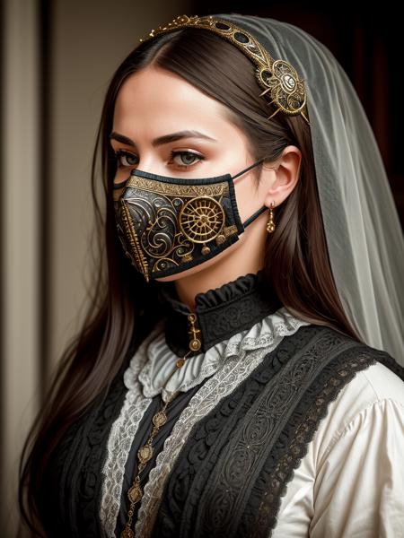 a woman wearing a medical mask, victorian era, cinematography, intricately detailed, crafted, meticulous, magnificent, maximum details, extremely hyper aesthetic, hdr, (intricate details, hyperdetailed:1.2), cinematic shot, centered, soft lighting,