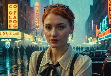 (((wide shot))), book cover of a (Movie Still), vintage return of the cyberpunk army in neon city, raining, cinematic lighting, 4 k, by greg rutkowski, ((wide shot)), (estabilshing shot), city street shot, (full body), ((looking to the right), looking away, ((neon)), (((fog))), volumetric, young ginger woman, (realistic, photo-realistic:1.37), ultra-detailed, 1 girl,cute, solo,beautiful detailed sky,detailed cafe,night,sitting,dating,(nose blush),(smile:1.1),(closed mouth) medium breasts,beautiful detailed eyes,(collared shirt:1.1), bowtie,pleated skirt,(short hair:1.2),floating hair, Aligned eyes,  Iridescent Eyes,  (blush,  eye_wrinkles:0.6),  (goosebumps:0.5),  subsurface scattering,  ((skin pores)),  (detailed skin texture),  (( textured skin)),  realistic dull (skin noise),  visible skin detail,  skin fuzz,  dry skin,  hyperdetailed face,  sharp picture,  sharp detailed,  (((analog grainy photo vintage))),  Rembrandt lighting,  detailed face,  8k resolution, <lora:epiNoiseoffset_v2-pynoise:-1>