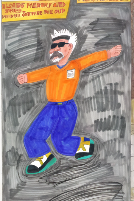 <lora:chrischan:1>, sunglasses, fat, orange shirt, 1boy, solo, old man, spiked hair, white hair, jumping, full body, tackle, mall security guard, open mouth, angry, mustache, incoming punch,