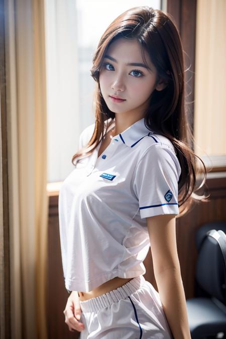 realistic, realistic details, detailed, 1girl, beautiful, seductive face, detailed skin, portrait, sundress, petite, medium breast, uniform, navel, detailed background, rule of third, sharp focus, depth of field (ulzzang-6500-v1.1:0.2)       <lora:KR_ParkJuHyun:0.95>