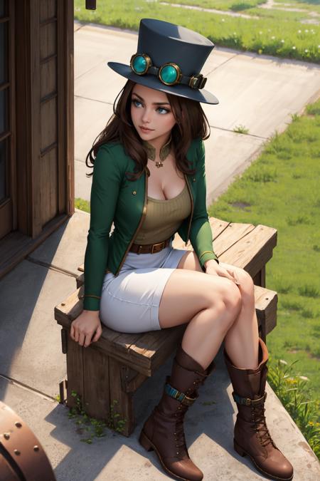 masterpiece, best quality, <lora:steampunker-nvwls-v1-000009:0.9> stpunker, top hat, goggles on headwear, cleavage, green jacket, brown shirt, belt, white skirt, boots, sitting, from above, furrowed brow, smile, adjusting headwear, outdoors, house, steampunk