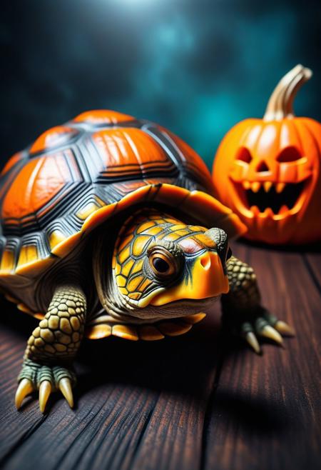 creepy turtle with a pumpkin for a shell, halloween vibes, low angle shot level with the turtle,