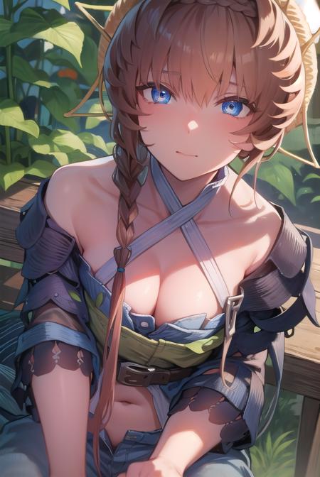 van gogh, blue eyes, braid, brown hair, crown braid, side braid, belt, black sleeves, blue overalls, buckle, clothing cutout, flower, navel, navel cutout, orange headwear, overalls, puffy sleeves, striped, striped headwear, sunflower, zipper pull tab,