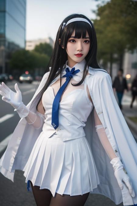 ultra-detailed,highly detailed,best quality,masterpiece,illustration,realistic,
type 95, 1girl, type 95 \(girls' frontline\), solo, 
long hair, hairband, black hair,  bangs, blunt bangs, 
shirt, white shirt, cape, white cape, skirt,pleated skirt, white skirt, gloves, white gloves,necktie,ribbon,  jacket, pantyhose, blue necktie, white hairband,
solo focus, looking at viewer, standing,
outdoors, nature, night,star \(sky\), night sky, 
 <lora:type_95_V1_04:0.7>