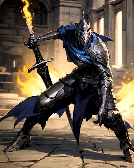 knight, action, holding, greatsword, helm , cloak, <lora:Artorias:0.8>, night, fire,